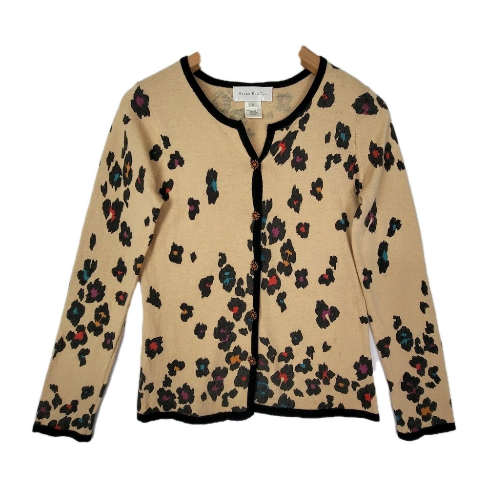 SUSAN BRISTOL VINTAGE LEOPARD PRINT WOOL CASHMERE CARDIGAN SWEATER WOMENS SMALL